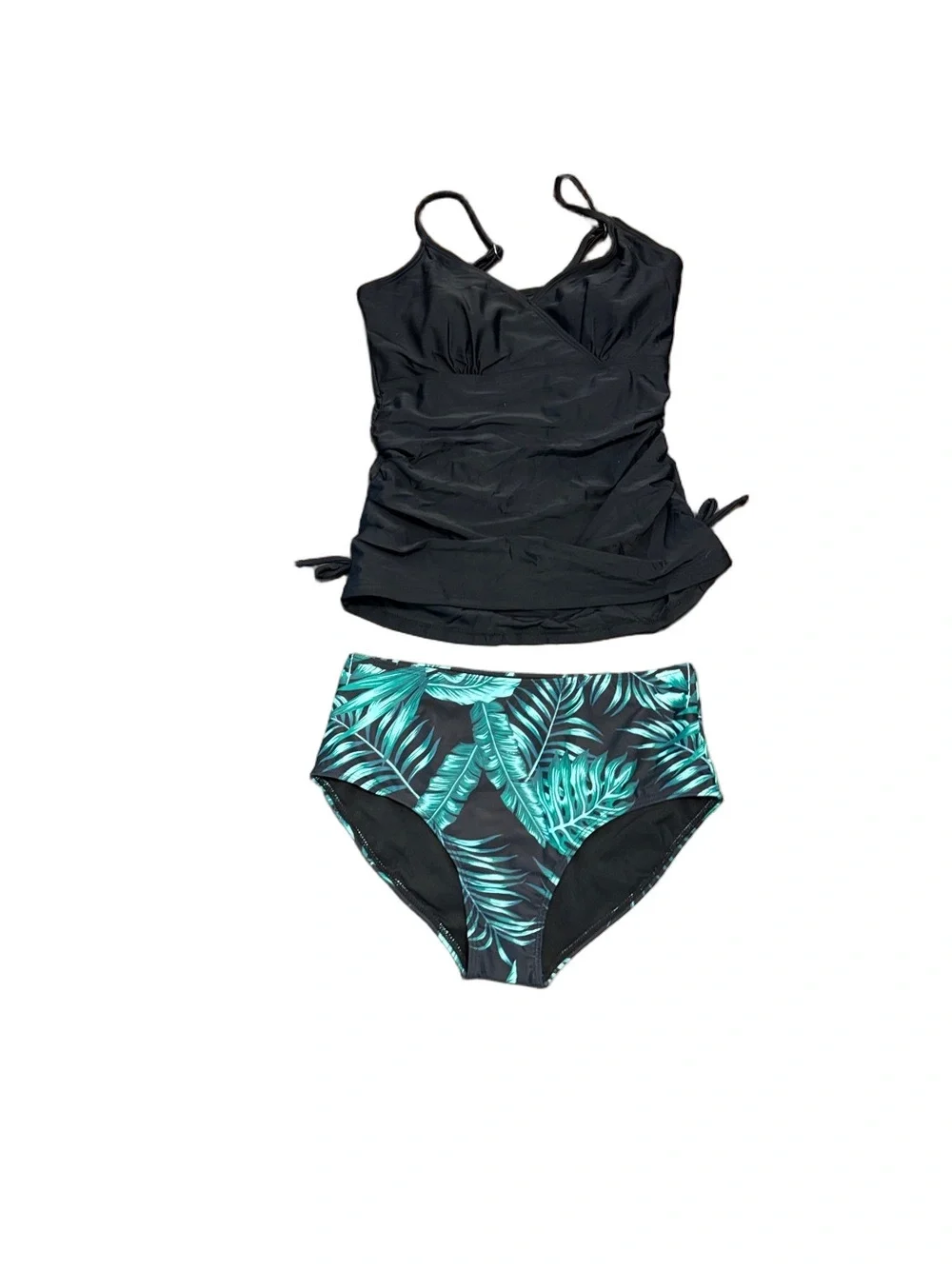 Black Tankini Top with Green Palm-Print Bikini Bottoms Swim NWOT Size 15/16